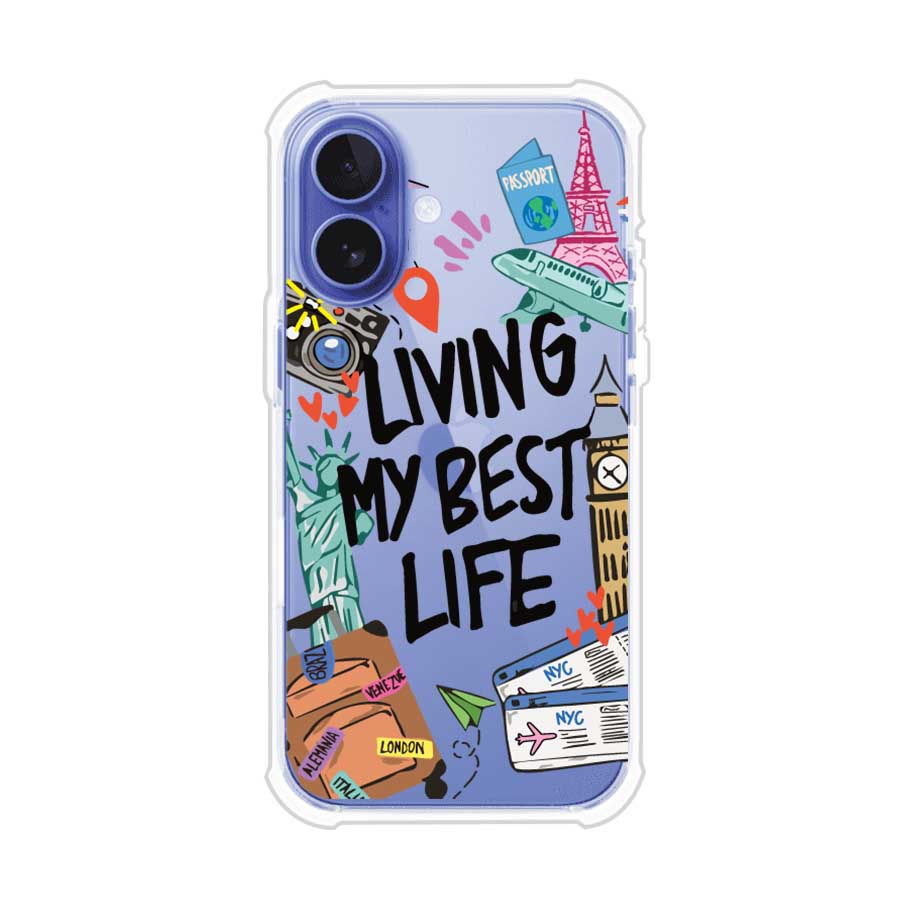 Funda personalizada para iPhone con frase 'Living My Best Life' y diseño de elementos viajeros como maletas, torre Eiffel, Big Ben y boletos de avión; producto de Remark MX