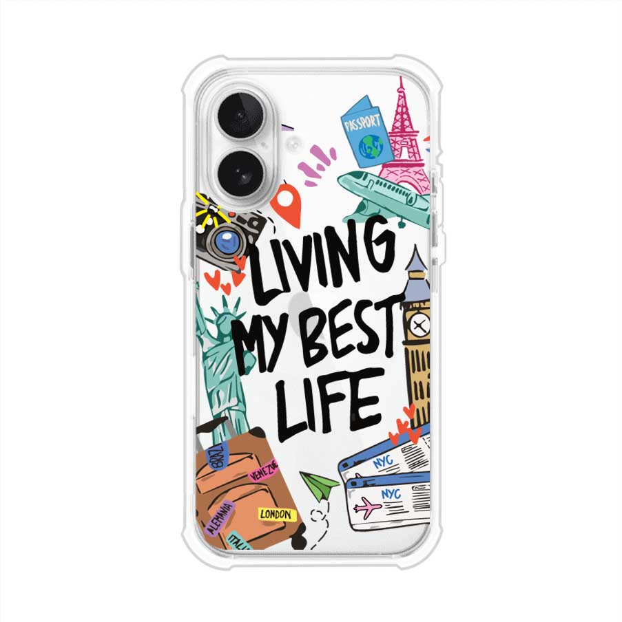 Funda personalizada para iPhone con frase 'Living My Best Life' y diseño de elementos viajeros como maletas, torre Eiffel, Big Ben y boletos de avión; producto de Remark MX