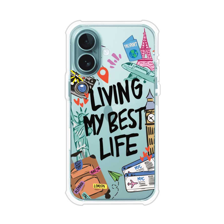 Funda personalizada para iPhone con frase 'Living My Best Life' y diseño de elementos viajeros como maletas, torre Eiffel, Big Ben y boletos de avión; producto de Remark MX
