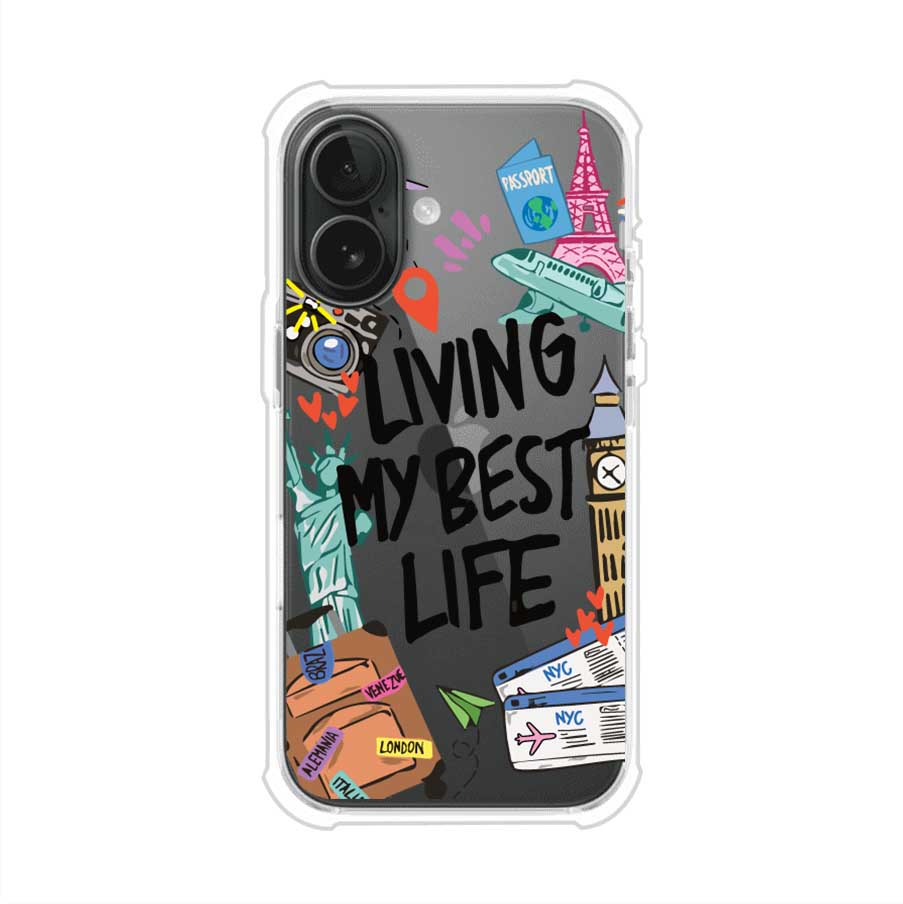 Funda personalizada para iPhone con frase 'Living My Best Life' y diseño de elementos viajeros como maletas, torre Eiffel, Big Ben y boletos de avión; producto de Remark MX