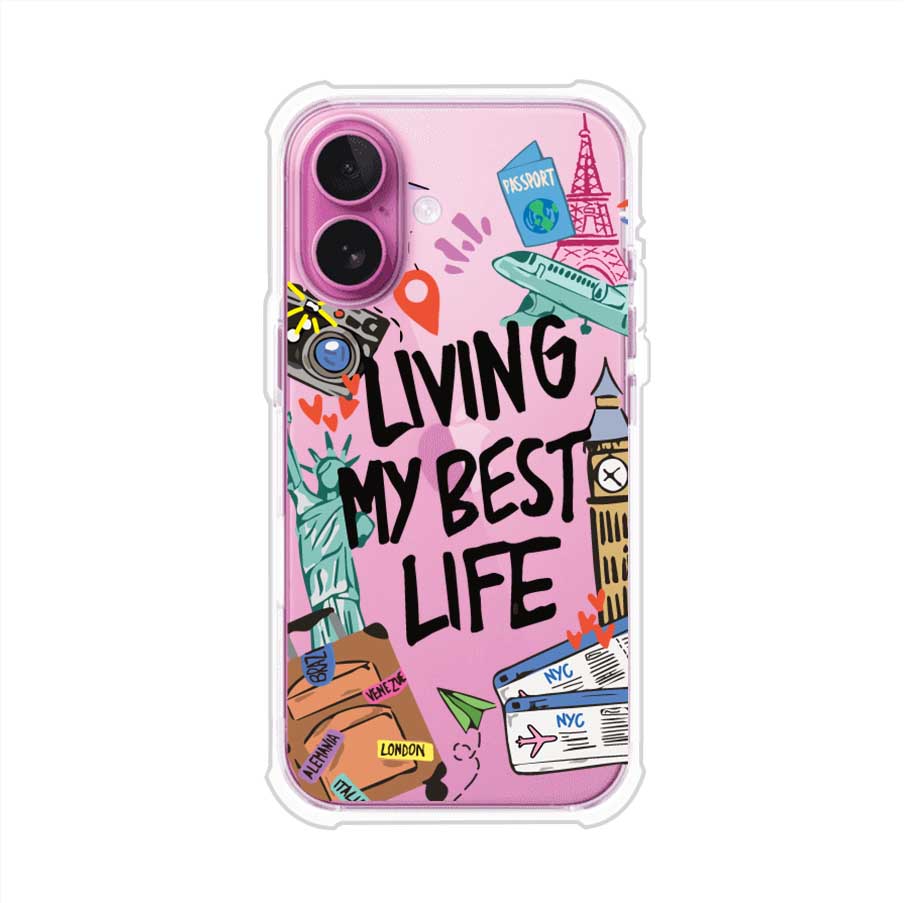 Funda personalizada para iPhone con frase 'Living My Best Life' y diseño de elementos viajeros como maletas, torre Eiffel, Big Ben y boletos de avión; producto de Remark MX