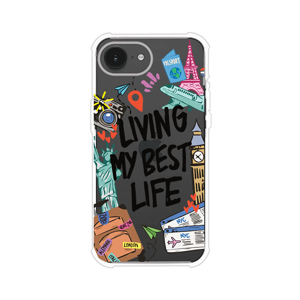 Funda personalizada para iPhone con frase 'Living My Best Life' y diseño de elementos viajeros como maletas, torre Eiffel, Big Ben y boletos de avión; producto de Remark MX