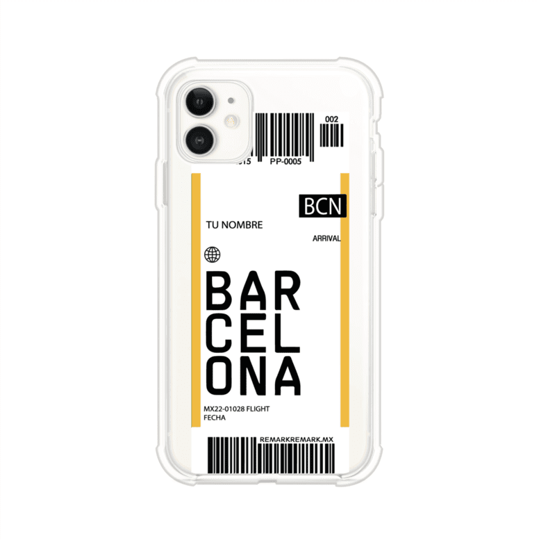 Funda personalizada estilo pase de abordar con diseño de Barcelona y código BCN, personalizable con nombre y datos de vuelo; producto de Remark MX para iPhone