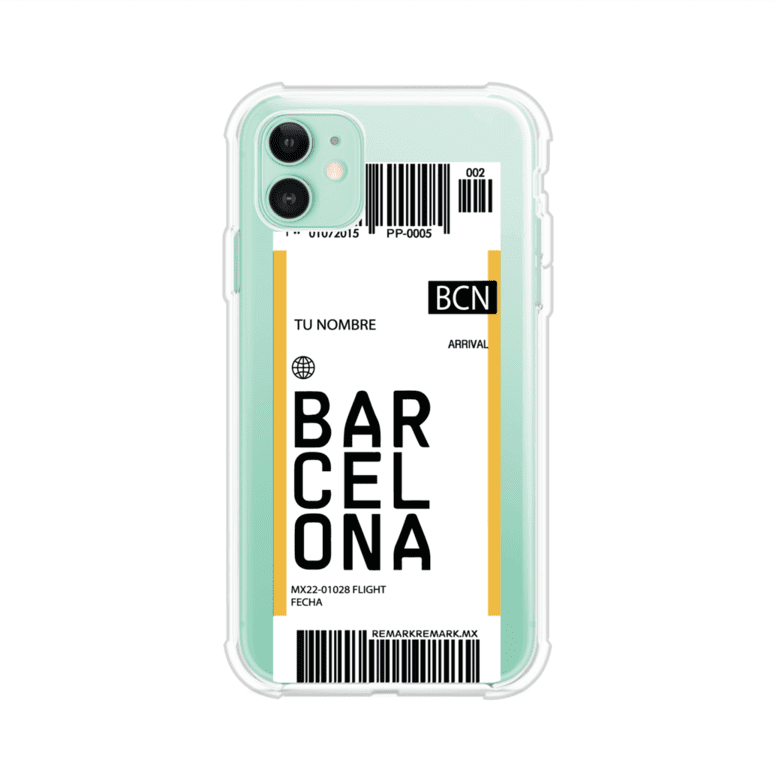 Funda personalizada estilo pase de abordar con diseño de Barcelona y código BCN, personalizable con nombre y datos de vuelo; producto de Remark MX para iPhone