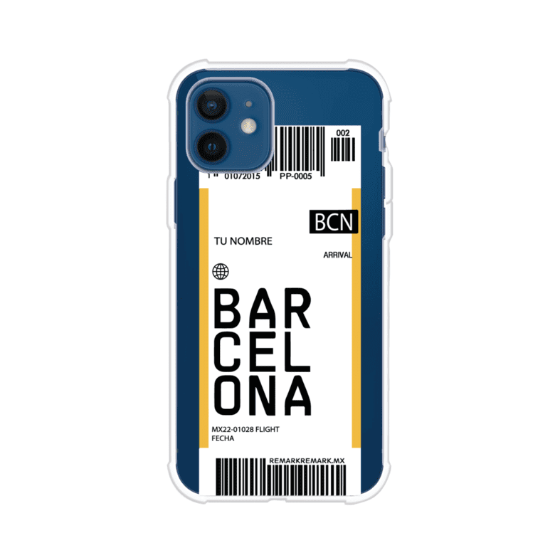 Funda personalizada estilo pase de abordar con diseño de Barcelona y código BCN, personalizable con nombre y datos de vuelo; producto de Remark MX para iPhone