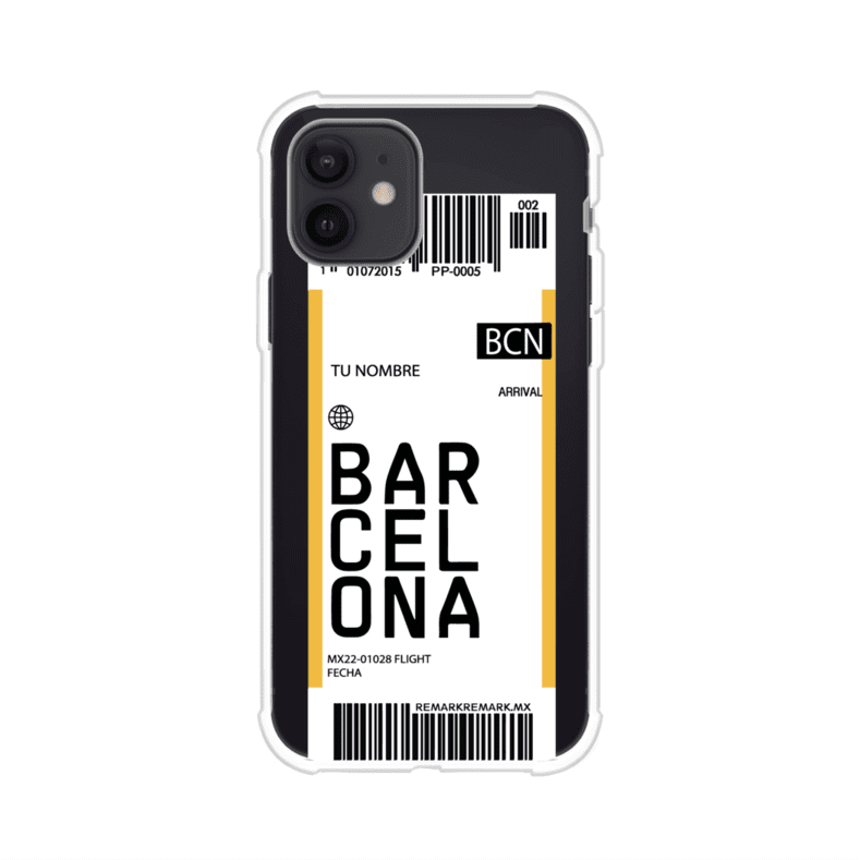 Funda personalizada estilo pase de abordar con diseño de Barcelona y código BCN, personalizable con nombre y datos de vuelo; producto de Remark MX para iPhone