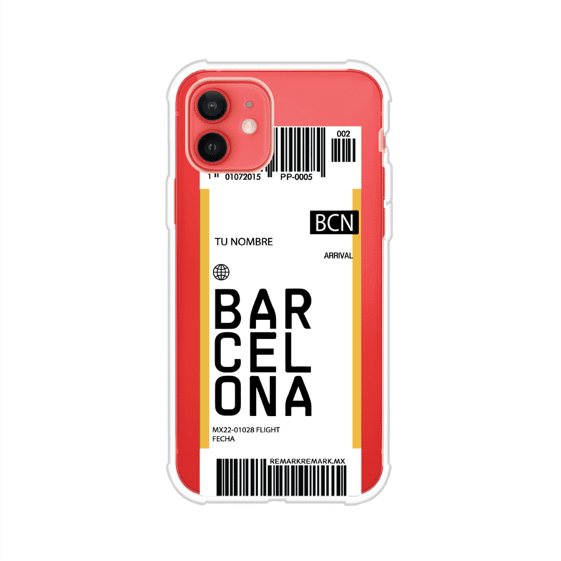 Funda personalizada estilo pase de abordar con diseño de Barcelona y código BCN, personalizable con nombre y datos de vuelo; producto de Remark MX para iPhone