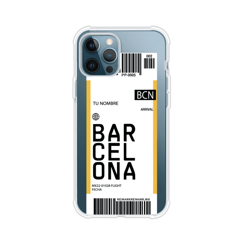 Funda personalizada estilo pase de abordar con diseño de Barcelona y código BCN, personalizable con nombre y datos de vuelo; producto de Remark MX para iPhone