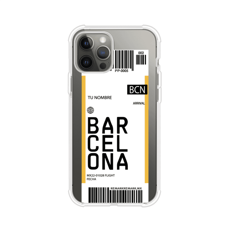 Funda personalizada estilo pase de abordar con diseño de Barcelona y código BCN, personalizable con nombre y datos de vuelo; producto de Remark MX para iPhone