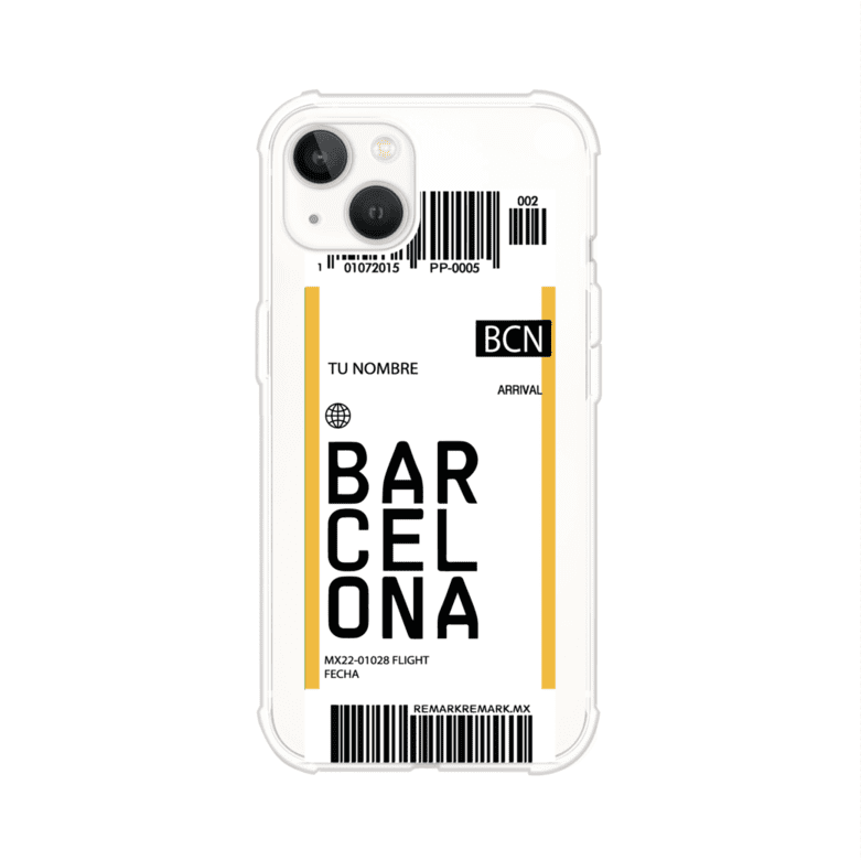 Funda personalizada estilo pase de abordar con diseño de Barcelona y código BCN, personalizable con nombre y datos de vuelo; producto de Remark MX para iPhone