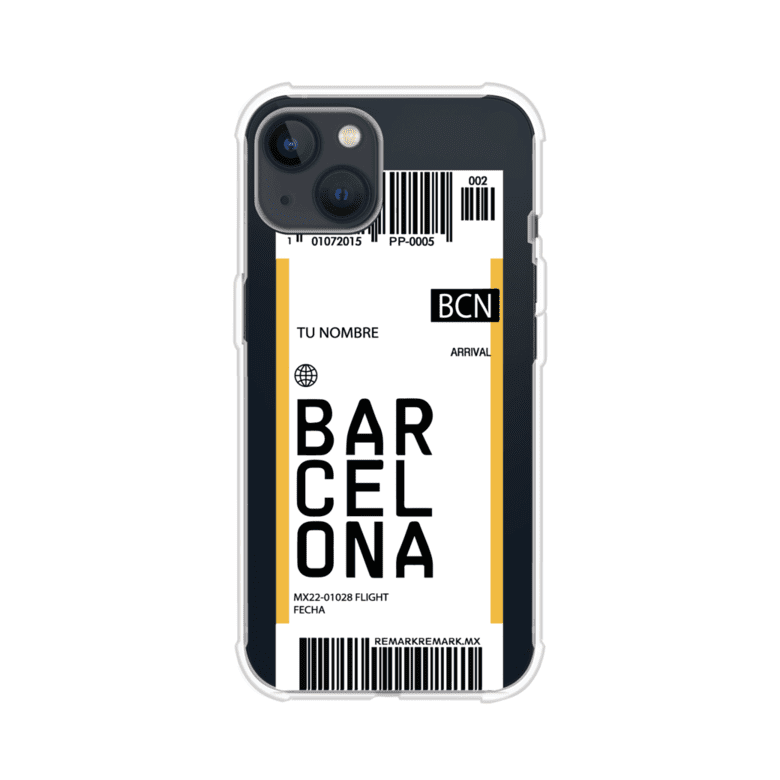 Funda personalizada estilo pase de abordar con diseño de Barcelona y código BCN, personalizable con nombre y datos de vuelo; producto de Remark MX para iPhone