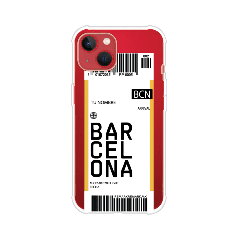 Funda personalizada estilo pase de abordar con diseño de Barcelona y código BCN, personalizable con nombre y datos de vuelo; producto de Remark MX para iPhone