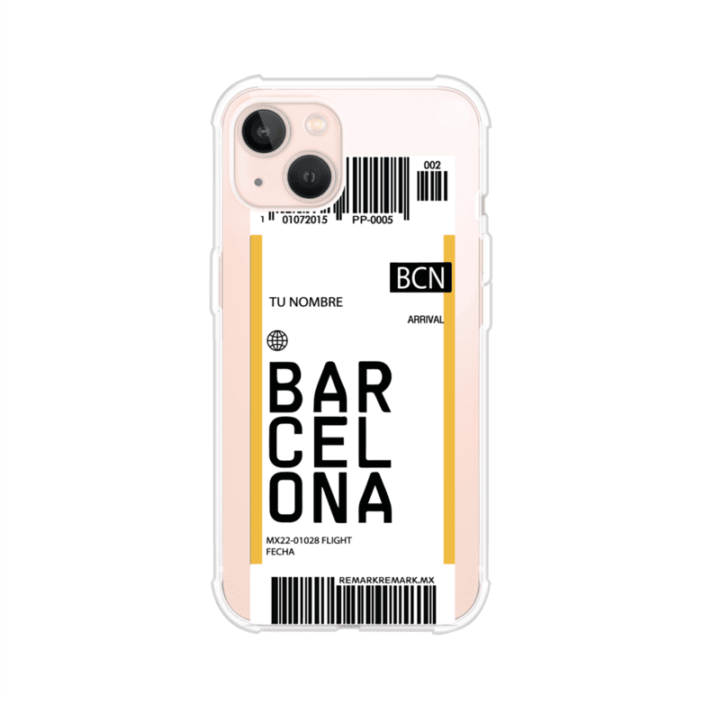Funda personalizada estilo pase de abordar con diseño de Barcelona y código BCN, personalizable con nombre y datos de vuelo; producto de Remark MX para iPhone