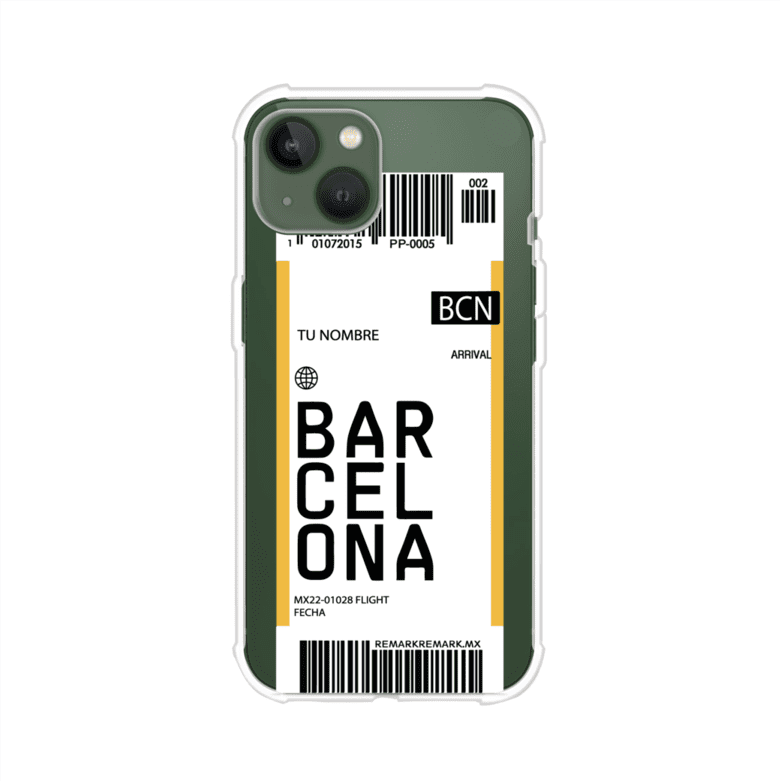 Funda personalizada estilo pase de abordar con diseño de Barcelona y código BCN, personalizable con nombre y datos de vuelo; producto de Remark MX para iPhone