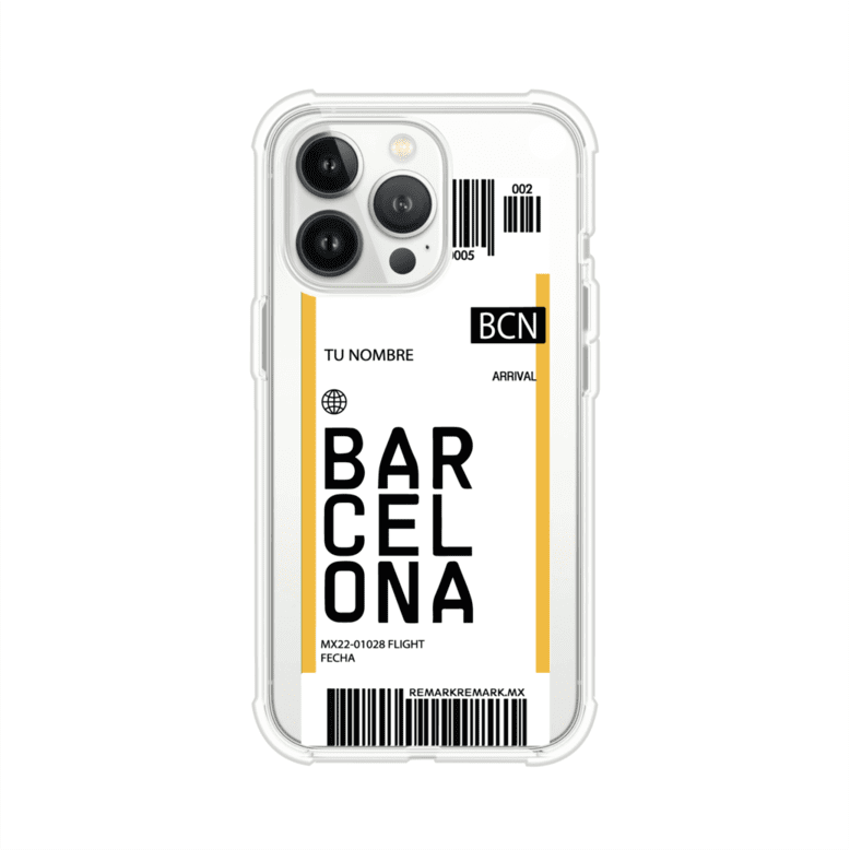 Funda personalizada estilo pase de abordar con diseño de Barcelona y código BCN, personalizable con nombre y datos de vuelo; producto de Remark MX para iPhone