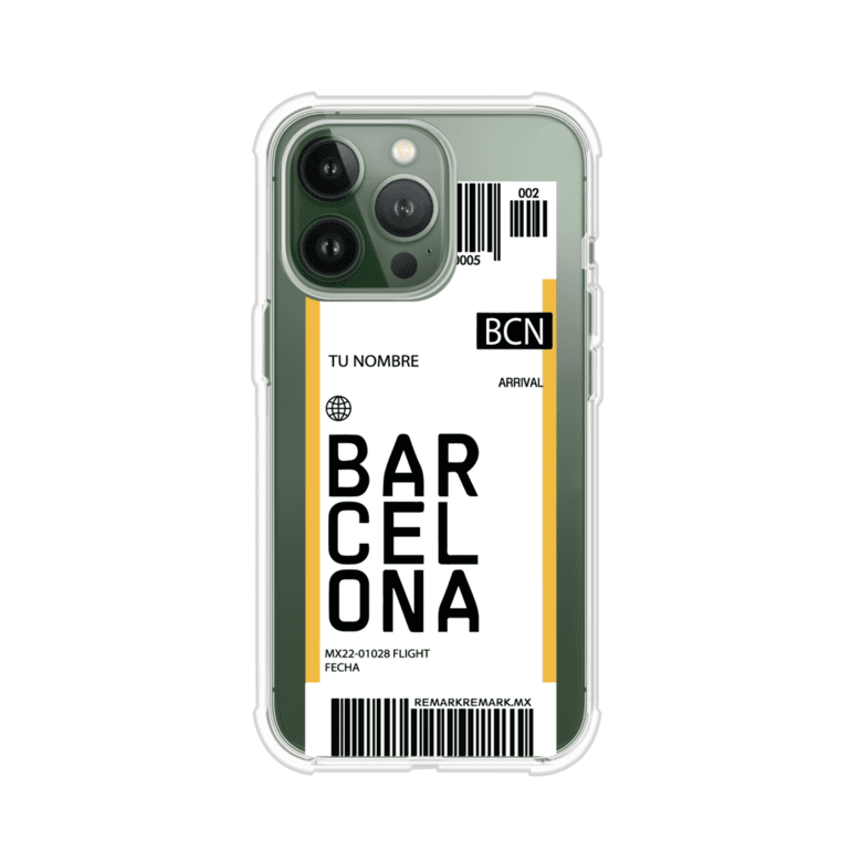 Funda personalizada estilo pase de abordar con diseño de Barcelona y código BCN, personalizable con nombre y datos de vuelo; producto de Remark MX para iPhone