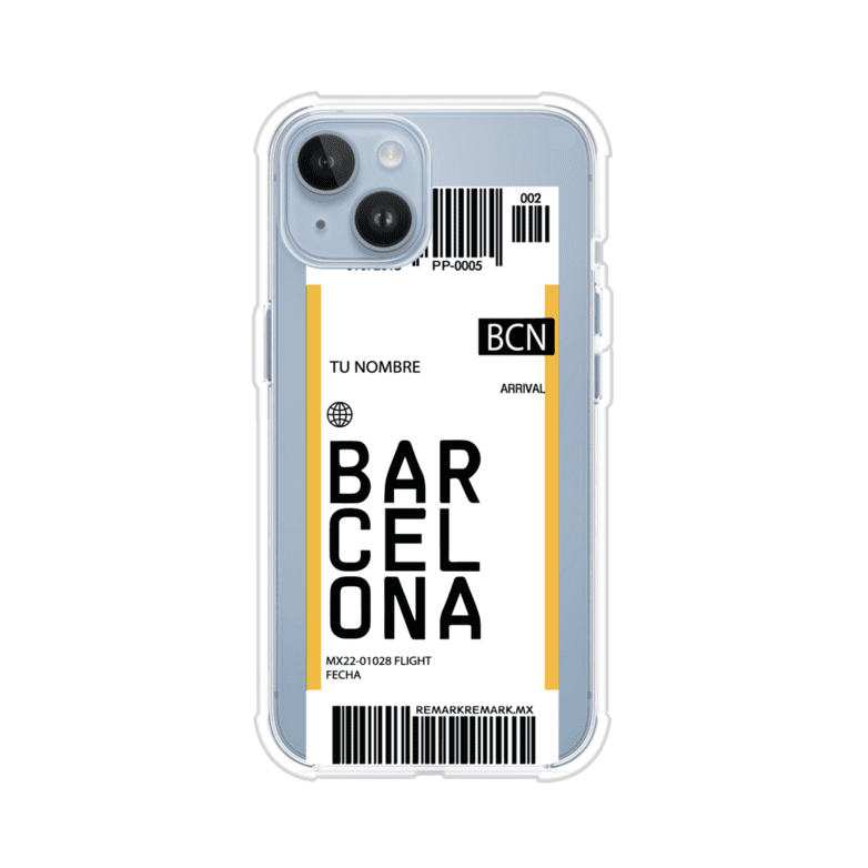 Funda personalizada estilo pase de abordar con diseño de Barcelona y código BCN, personalizable con nombre y datos de vuelo; producto de Remark MX para iPhone
