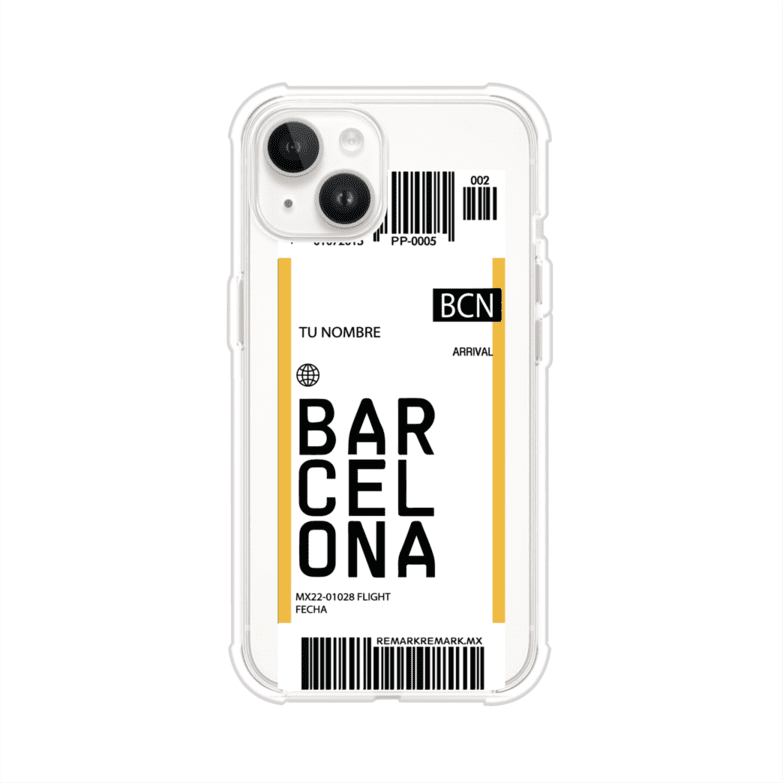 Funda personalizada estilo pase de abordar con diseño de Barcelona y código BCN, personalizable con nombre y datos de vuelo; producto de Remark MX para iPhone