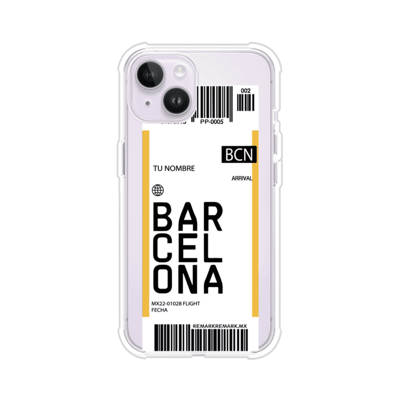 Funda personalizada estilo pase de abordar con diseño de Barcelona y código BCN, personalizable con nombre y datos de vuelo; producto de Remark MX para iPhone