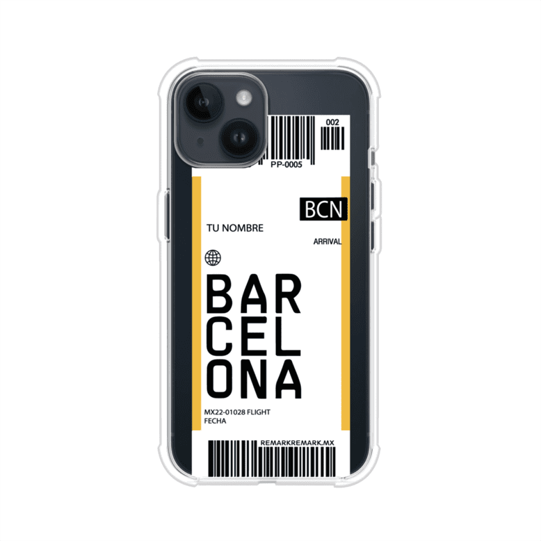 Funda personalizada estilo pase de abordar con diseño de Barcelona y código BCN, personalizable con nombre y datos de vuelo; producto de Remark MX para iPhone