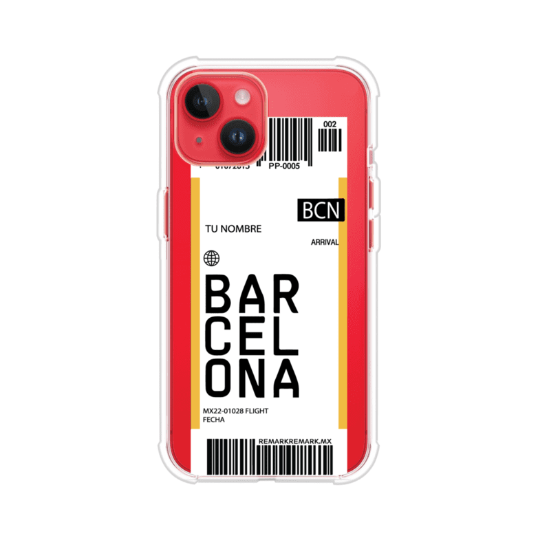 Funda personalizada estilo pase de abordar con diseño de Barcelona y código BCN, personalizable con nombre y datos de vuelo; producto de Remark MX para iPhone