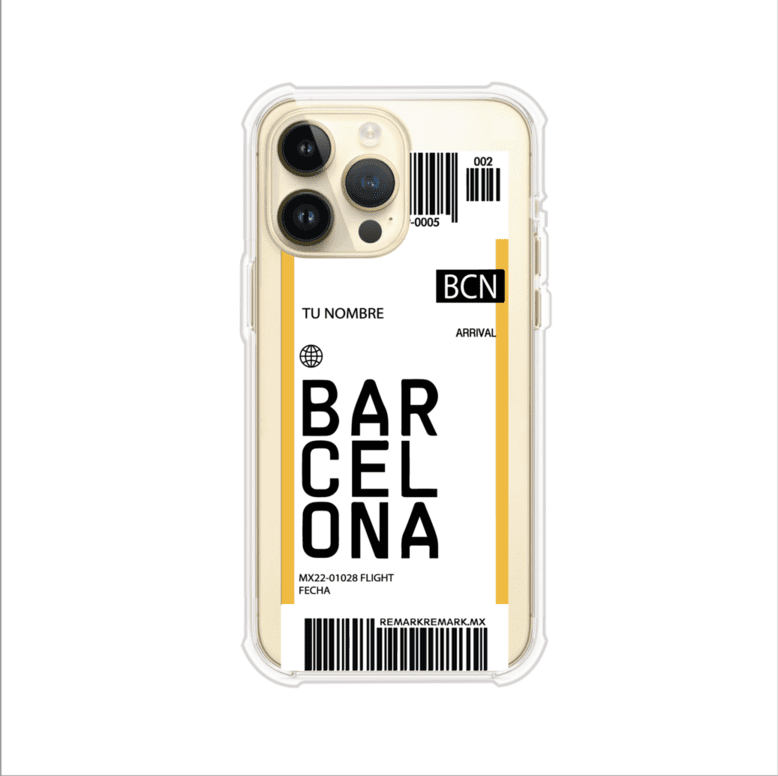 Funda personalizada estilo pase de abordar con diseño de Barcelona y código BCN, personalizable con nombre y datos de vuelo; producto de Remark MX para iPhone