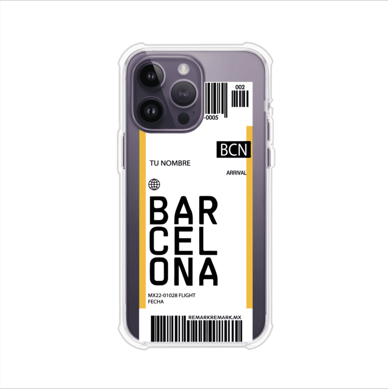 Funda personalizada estilo pase de abordar con diseño de Barcelona y código BCN, personalizable con nombre y datos de vuelo; producto de Remark MX para iPhone