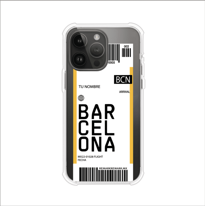 Funda personalizada estilo pase de abordar con diseño de Barcelona y código BCN, personalizable con nombre y datos de vuelo; producto de Remark MX para iPhone
