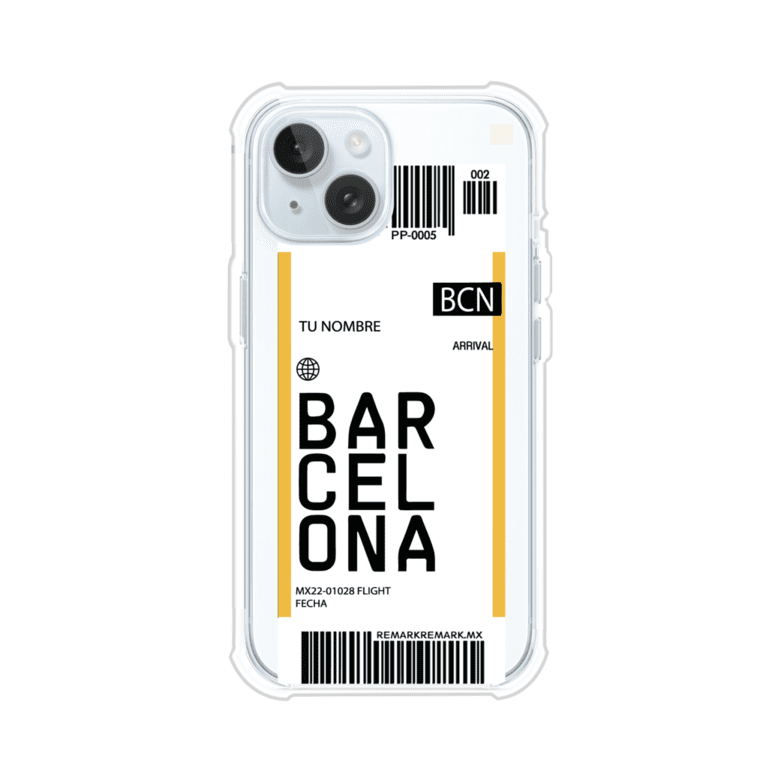 Funda personalizada estilo pase de abordar con diseño de Barcelona y código BCN, personalizable con nombre y datos de vuelo; producto de Remark MX para iPhone