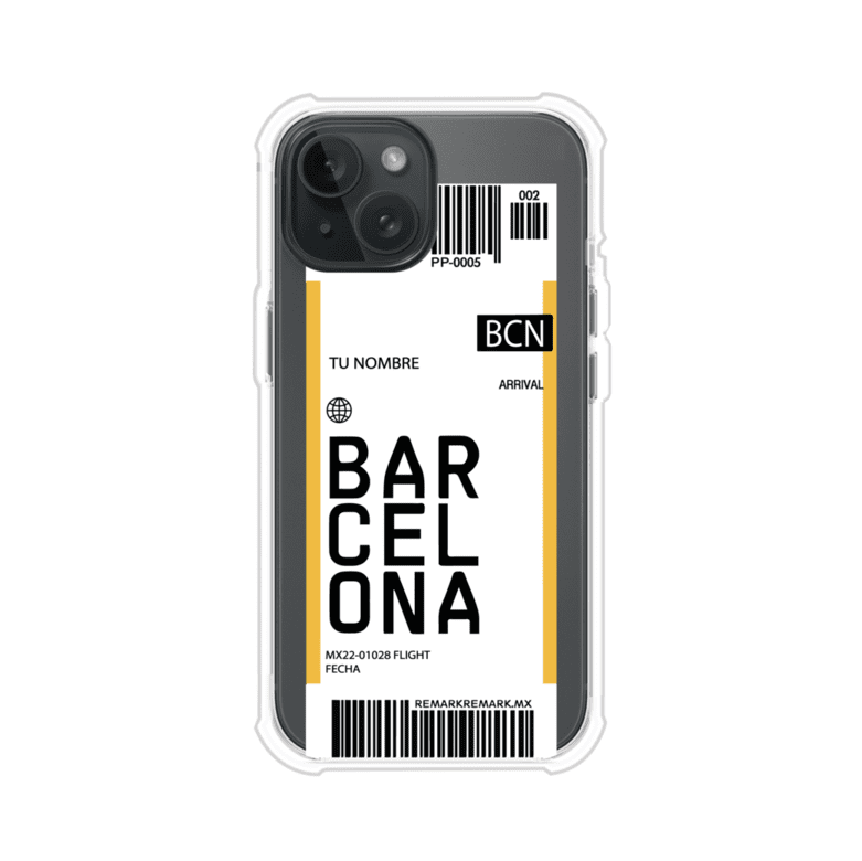 Funda personalizada estilo pase de abordar con diseño de Barcelona y código BCN, personalizable con nombre y datos de vuelo; producto de Remark MX para iPhone