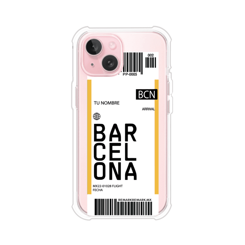 Funda personalizada estilo pase de abordar con diseño de Barcelona y código BCN, personalizable con nombre y datos de vuelo; producto de Remark MX para iPhone