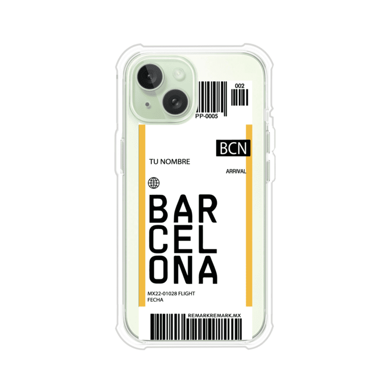 Funda personalizada estilo pase de abordar con diseño de Barcelona y código BCN, personalizable con nombre y datos de vuelo; producto de Remark MX para iPhone