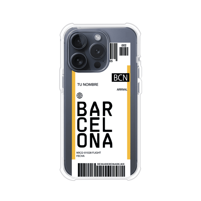 Funda personalizada estilo pase de abordar con diseño de Barcelona y código BCN, personalizable con nombre y datos de vuelo; producto de Remark MX para iPhone