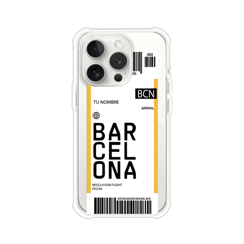 Funda personalizada estilo pase de abordar con diseño de Barcelona y código BCN, personalizable con nombre y datos de vuelo; producto de Remark MX para iPhone