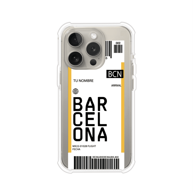 Funda personalizada estilo pase de abordar con diseño de Barcelona y código BCN, personalizable con nombre y datos de vuelo; producto de Remark MX para iPhone