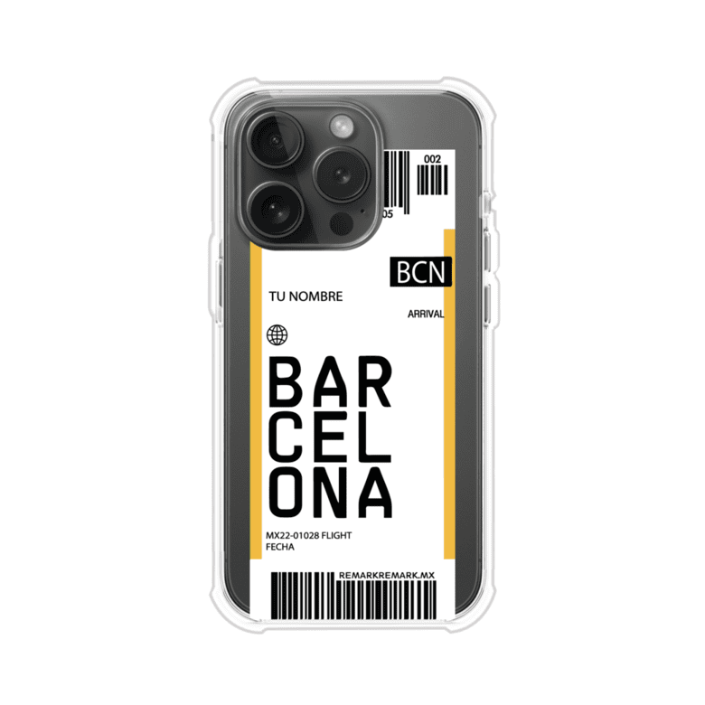 Funda personalizada estilo pase de abordar con diseño de Barcelona y código BCN, personalizable con nombre y datos de vuelo; producto de Remark MX para iPhone