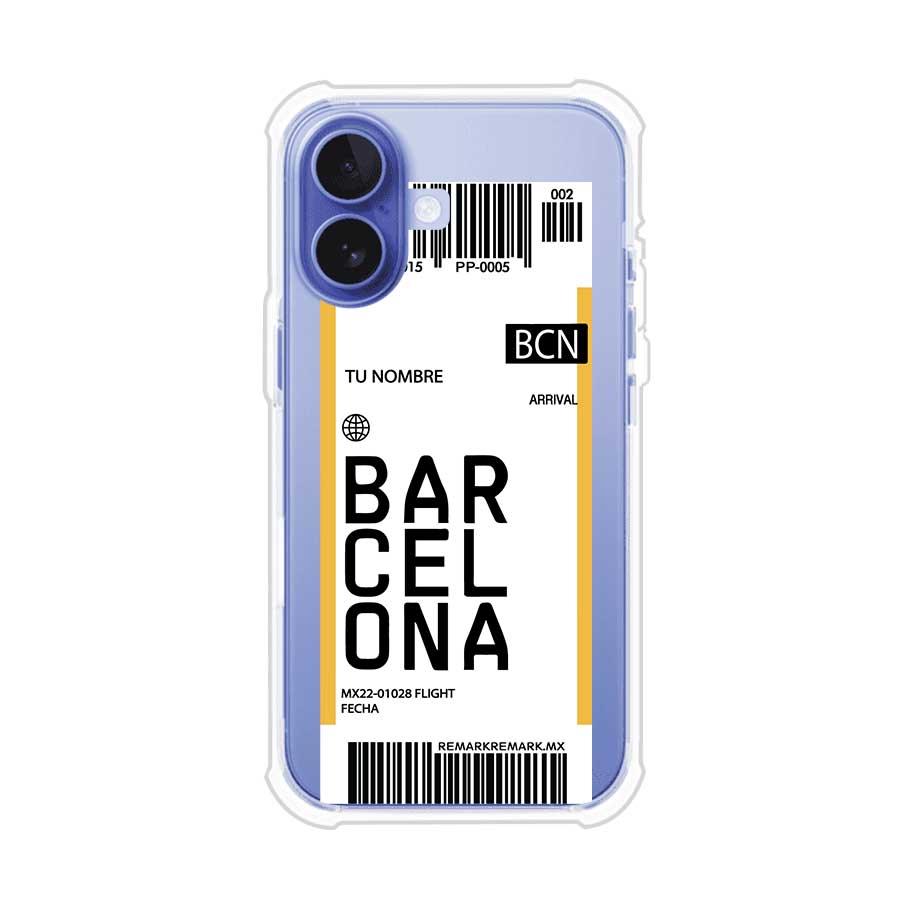 Funda personalizada estilo pase de abordar con diseño de Barcelona y código BCN, personalizable con nombre y datos de vuelo; producto de Remark MX para iPhone