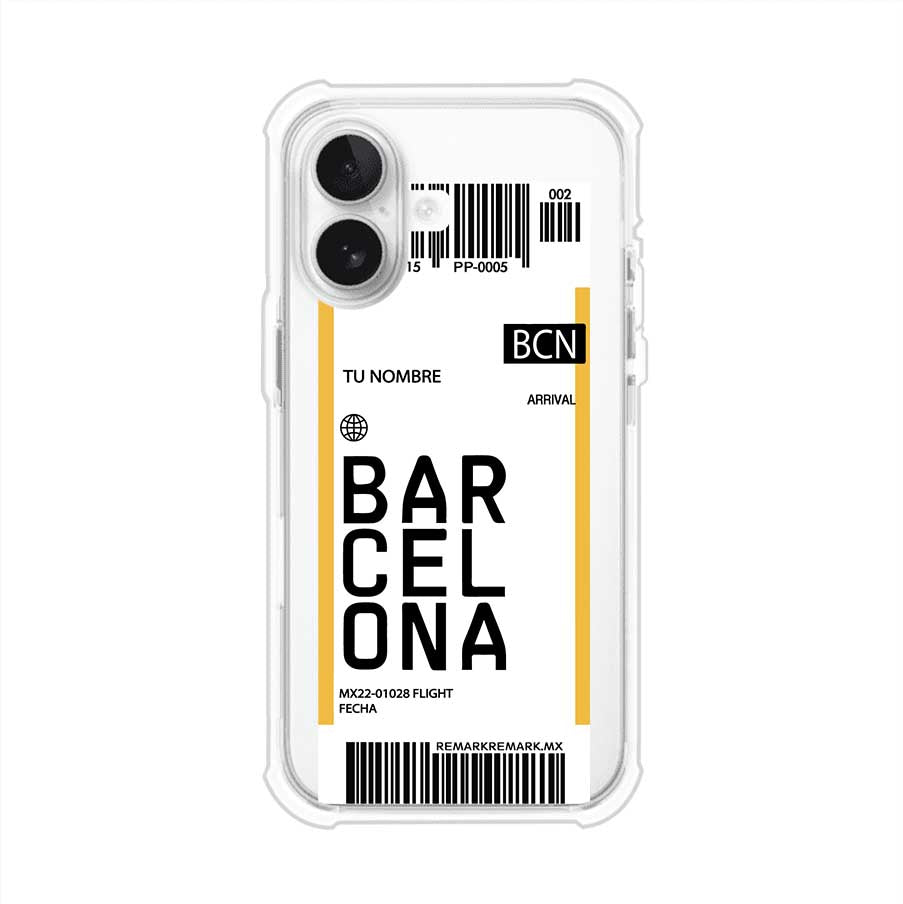 Funda personalizada estilo pase de abordar con diseño de Barcelona y código BCN, personalizable con nombre y datos de vuelo; producto de Remark MX para iPhone
