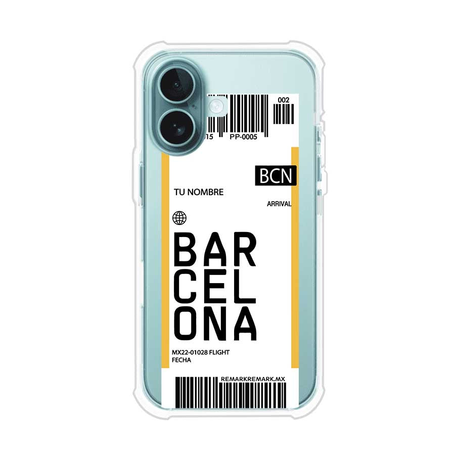Funda personalizada estilo pase de abordar con diseño de Barcelona y código BCN, personalizable con nombre y datos de vuelo; producto de Remark MX para iPhone