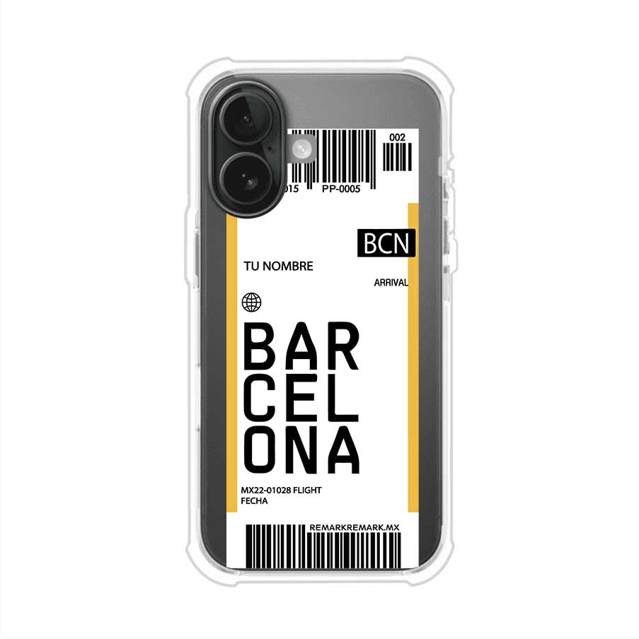 Funda personalizada estilo pase de abordar con diseño de Barcelona y código BCN, personalizable con nombre y datos de vuelo; producto de Remark MX para iPhone