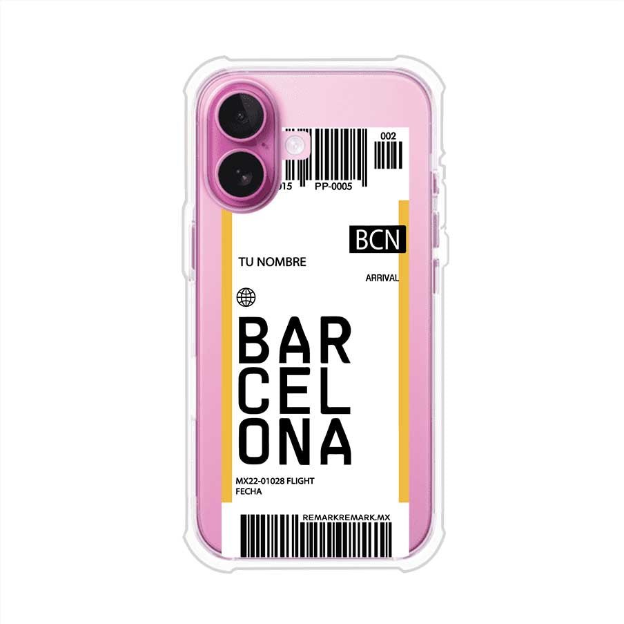 Funda personalizada estilo pase de abordar con diseño de Barcelona y código BCN, personalizable con nombre y datos de vuelo; producto de Remark MX para iPhone