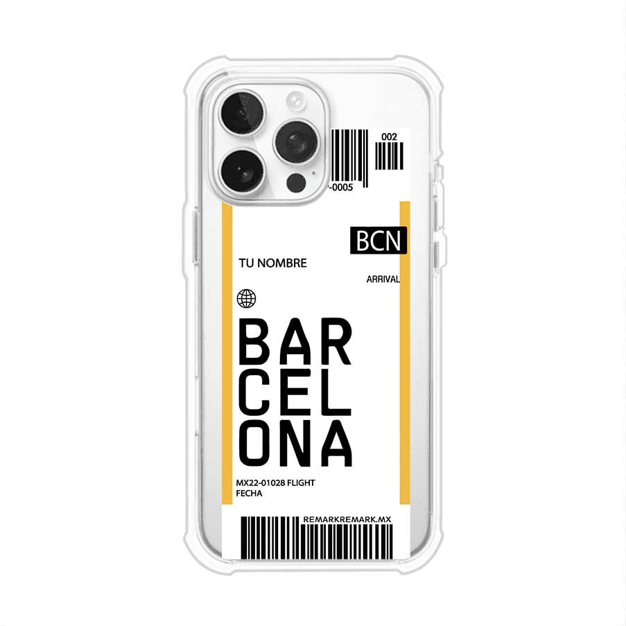 Funda personalizada estilo pase de abordar con diseño de Barcelona y código BCN, personalizable con nombre y datos de vuelo; producto de Remark MX para iPhone
