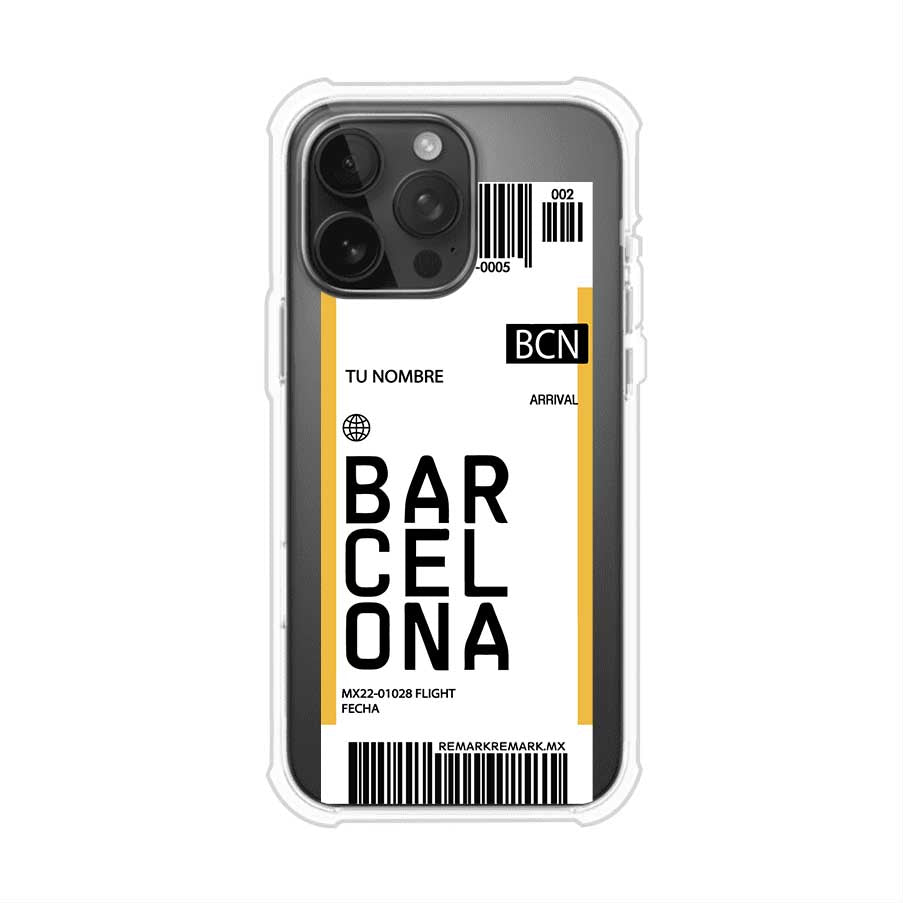 Funda personalizada estilo pase de abordar con diseño de Barcelona y código BCN, personalizable con nombre y datos de vuelo; producto de Remark MX para iPhone