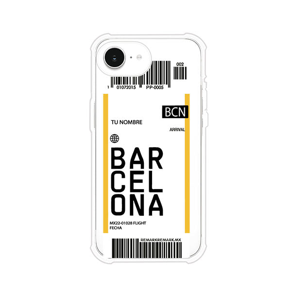 Funda personalizada estilo pase de abordar con diseño de Barcelona y código BCN, personalizable con nombre y datos de vuelo; producto de Remark MX para iPhone