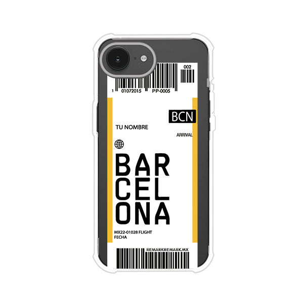 Funda personalizada estilo pase de abordar con diseño de Barcelona y código BCN, personalizable con nombre y datos de vuelo; producto de Remark MX para iPhone