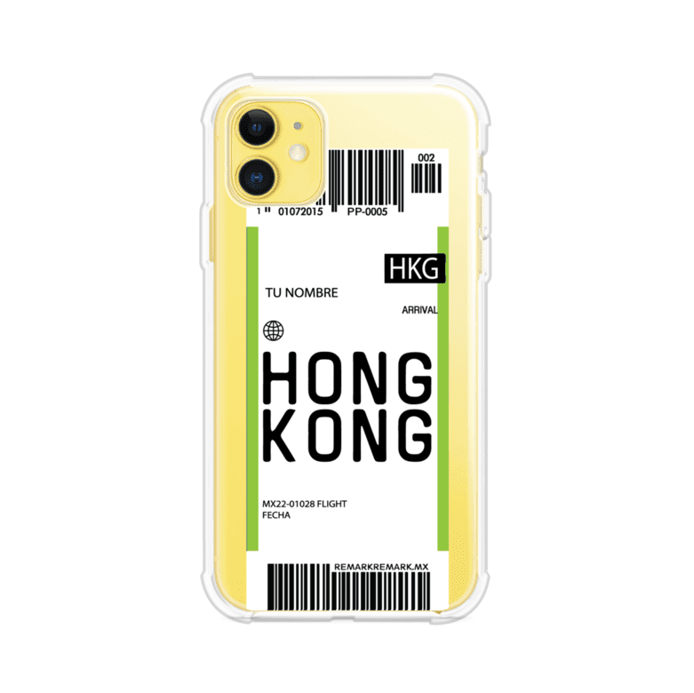 Funda personalizada estilo pase de abordar con diseño de Hong Kong y código HKG, personalizable con nombre y datos de vuelo; producto de Remark MX para iPhone