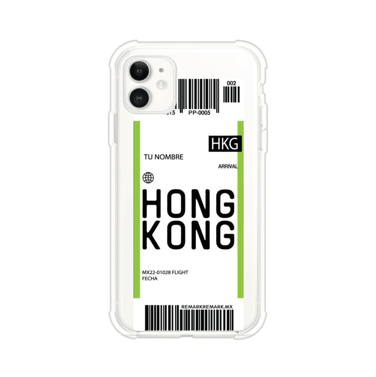 Funda personalizada estilo pase de abordar con diseño de Hong Kong y código HKG, personalizable con nombre y datos de vuelo; producto de Remark MX para iPhone