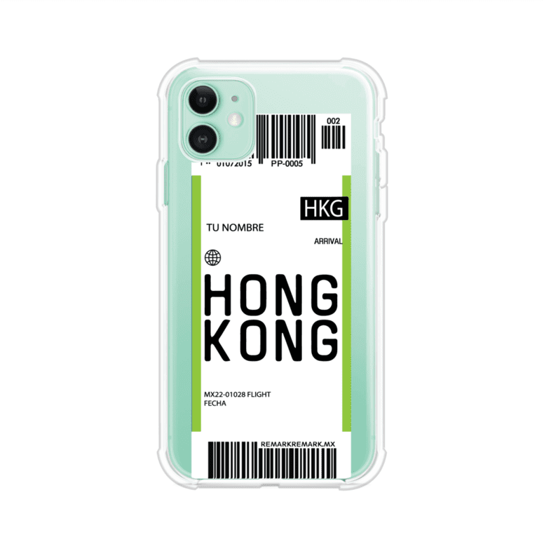 Funda personalizada estilo pase de abordar con diseño de Hong Kong y código HKG, personalizable con nombre y datos de vuelo; producto de Remark MX para iPhone