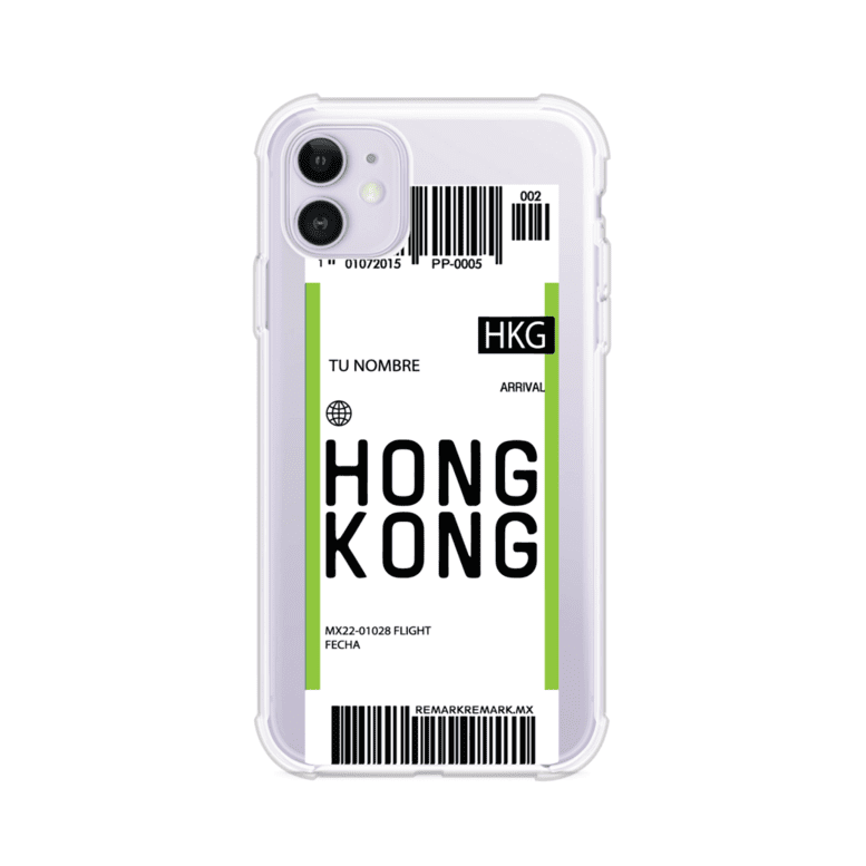Funda personalizada estilo pase de abordar con diseño de Hong Kong y código HKG, personalizable con nombre y datos de vuelo; producto de Remark MX para iPhone