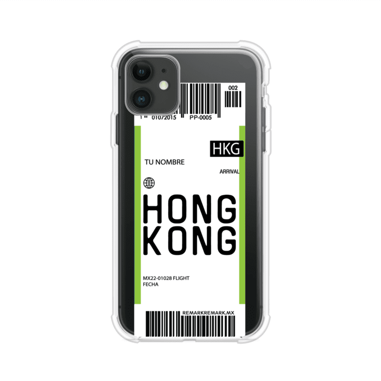 Funda personalizada estilo pase de abordar con diseño de Hong Kong y código HKG, personalizable con nombre y datos de vuelo; producto de Remark MX para iPhone